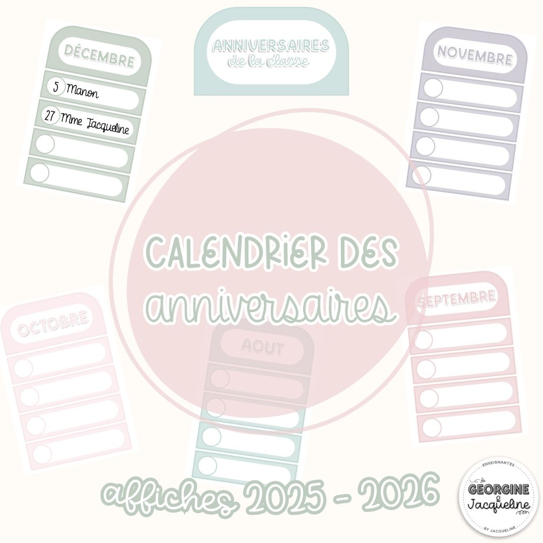 Calendrier des anniversaires – Affichage 2025 - 2026 - couleurs douces