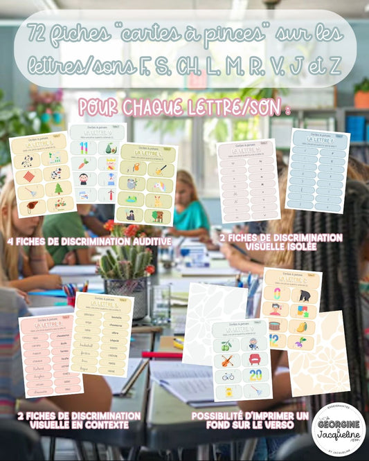 F, S, CH, L, M, R, V, J et Z - Cartes à pinces – discrimination auditive et visuelle