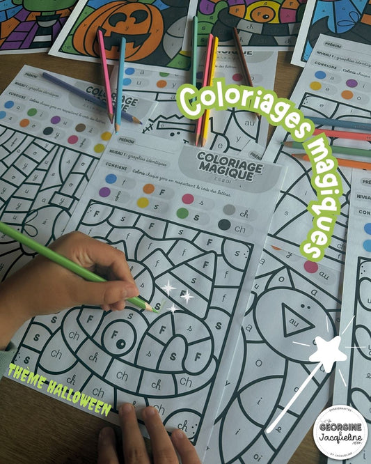 Coloriages magiques – Réviser les voyelles, É, F, S et CH (thème Halloween)