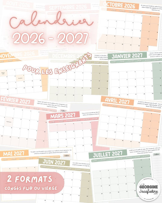 Calendrier mensuel pour l'année scolaire 2026 - 2027