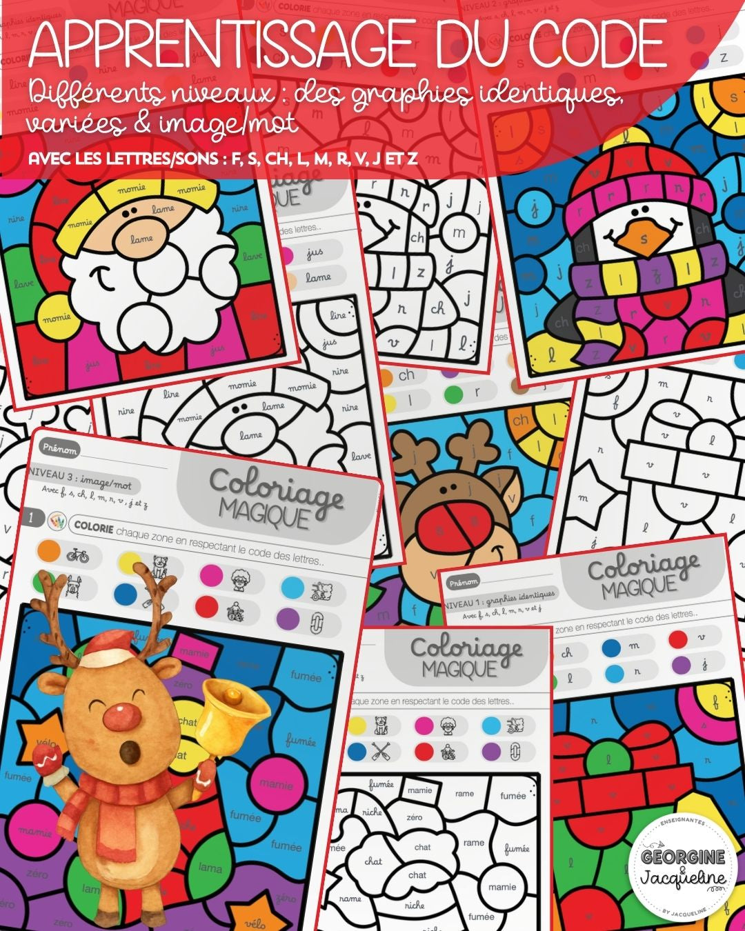 Coloriages magiques – Lettres et sons F, S, CH, L, M, R, V, J, Z (Thème Noël)