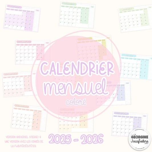 Calendrier mensuel 2025 - 2026 - coloré "pastel"