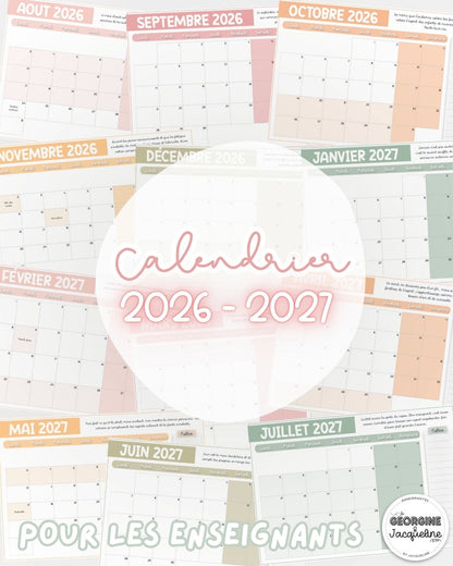 Calendrier mensuel pour l'année scolaire 2026 - 2027