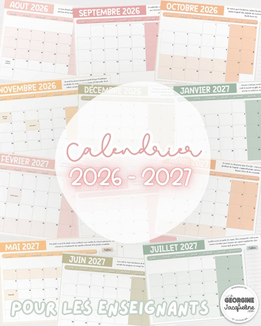 Calendrier mensuel pour l'année scolaire 2026 - 2027