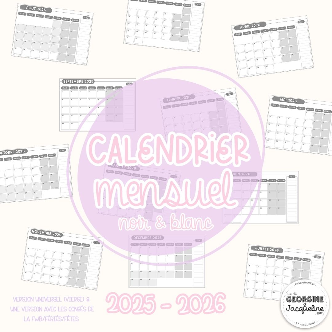 Calendrier mensuel 2025 - 2026 - N&B