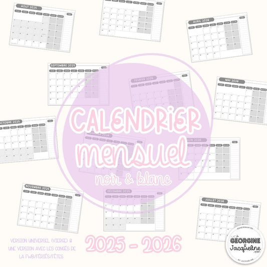 Calendrier mensuel 2025 - 2026 - N&B