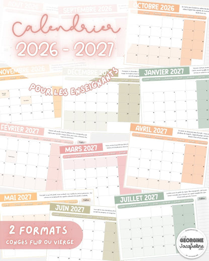 Calendrier mensuel pour l'année scolaire 2026 - 2027