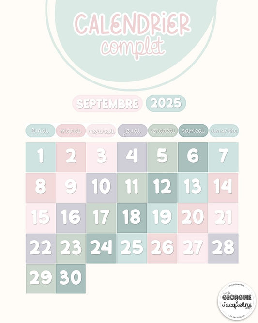 Calendrier – Affichage 2025-2026 - couleurs douces