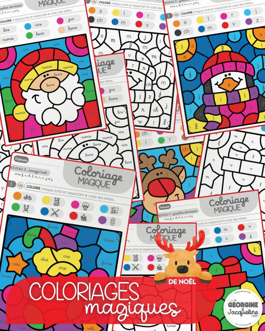 Coloriages magiques – Lettres et sons F, S, CH, L, M, R, V, J, Z (Thème Noël)